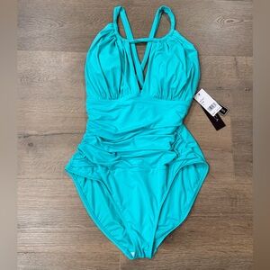 La Blanca Island Goddess High Neck Keyhole OnePiece  Calypso Aqua Teal Blue 14